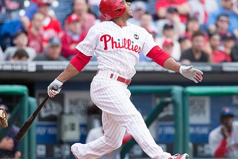 Philadelphia Phillies' Ben Revere in action during the eighth inning of an opening day baseball game against the Boston Red Sox, Monday, April 6, 2015, in Philadelphia. Red Sox won 8-0. (Chris Szagola/AP)