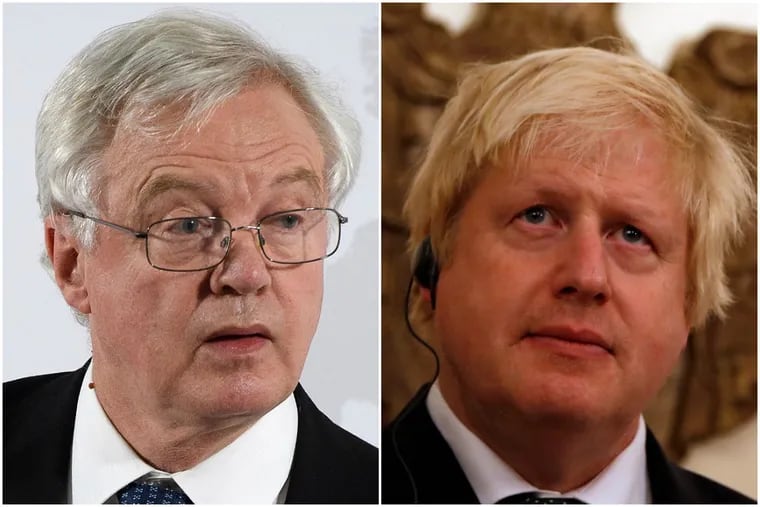 David Davis, left, and Boris Johnson abruptly resigned over differences with British Prime Minister Theresa May over Brexit negotiations.