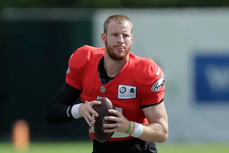 Eagles quarterback Carson Wentz holding the football during training camp at the NovaCare Complex in South Philadelphia on Monday, August 24, 2020.