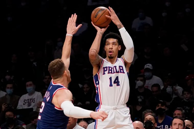 Philadelphia 76ers forward Danny Green (14), like most of his teammates, has seen a dip in his three-point shooting accuracy this season.