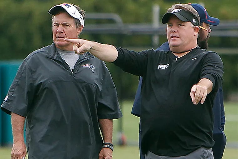 Eagles head coach Chip Kelly (right) and Patriots head coach Bill Belichick, (David Maialetti/Staff file photo)