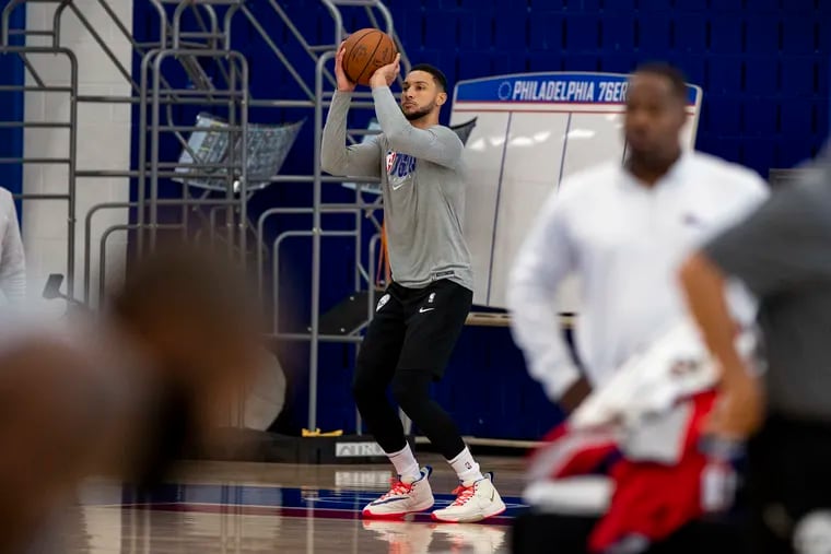 76ers guard Ben Simmons shoots three-pointers during practice. He's yet to make one in the regular season or playoffs.