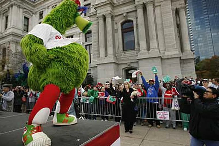 The Phillie Phanatic pumps up the crowd today outside City Hall during the Phillies World Series pep rally. (Alejandro A. Alvarez / Staff Photographer)