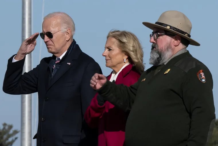 President Joe Biden and first lady Jill Biden participate in a memorial wreath ceremony at the National Memorial Arch at Valley Forge National Historic Park in Valley Forge, Pa., Friday, Jan. 5, 2024.