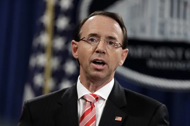 In this July 13, 2018, file photo, Deputy Attorney General Rod Rosenstein speaks during a news conference at the Department of Justice.