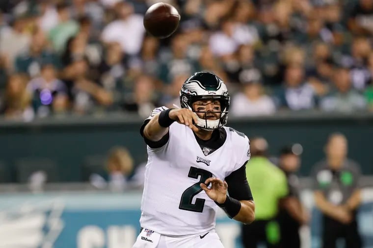Eagles quarterback Cody Kessler throws a pass against the Titans on Thursday night. He was 3 for 6 for 12 yards in a little more than a quarter of work.