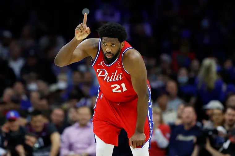 Sixers center Joel Embiid pointing after one of his teammates made a free throw against the Toronto Raptors in Game 2.