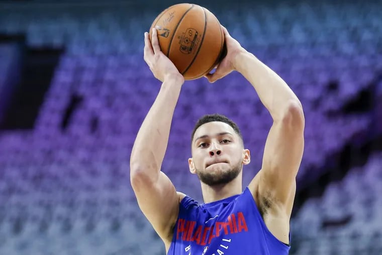 Sixers guard Ben Simmons shoots the basketball during warm-ups before the Sixers play their home opener against the Boston Celtics on Friday, October 20, 2017 in Philadelphia.