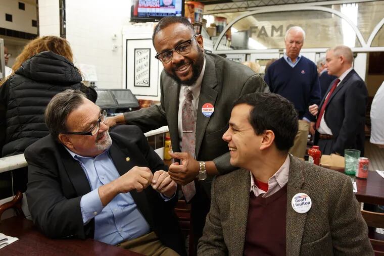Rep. Michael O'Brien (left) with Councilman Curtis Jones Jr., (center) and Frank Iannuzzi at Famous 4th Street Deli on Election Day last November. JESSICA GRIFFIN / Staff Photographer
