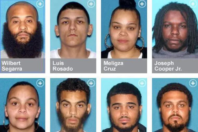 Defendants, at top from left: Wilbert Segarra, Luis Rosado, Meligza Cruz, Joseph Cooper Jr. At bottom from left: Maria Morales, Ramon Saldana, Rafael Velazquez, Migdoel Morales-Cruz.