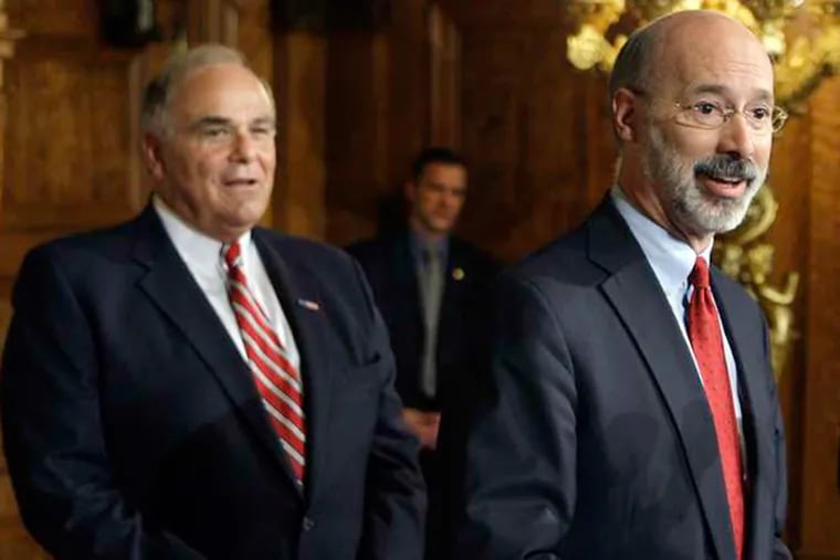 Tom Wolf (right) - seen here in 2008, during his term as the state's revenue secretary - is ready to make his bid for Gov. Corbett's job. He says he's the only Democratic candidate who can both &quot;beat Tom Corbett and turn Pennsylvania around.&quot; (ASSOCIATED PRESS)
