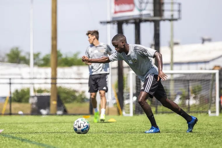 Union midfielder Jamiro Monteiro lines up to kick a ball during a training session at the 76ers' Fieldhouse complex in Wilmington, Delaware earlier this month.