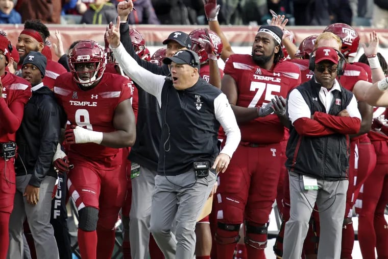 Temple coach Geoff Collins center in game action against South Florida during a college football game, Saturday Nov. 17, 2018 in Philadelphia, Pa. ( H. Rumph Jr / For the Inquirer )