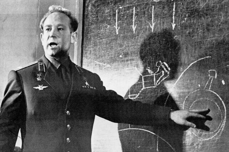 FILE - In this March 26, 1965 file photo, Cosmonaut Alexei Leonov, who stepped into space from the Voskod-2 spaceship, speaks in Moscow, Russia. Alexei Leonov, the first human to walk in space, died in Moscow on Friday, Oct. 11, 2019. He was 85.
