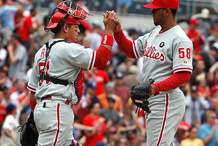 The Phillies wrapped up a weekend sweep of the Padres with yesterday's 3-1 win in San Diego. (Lenny Ignelzi/AP)