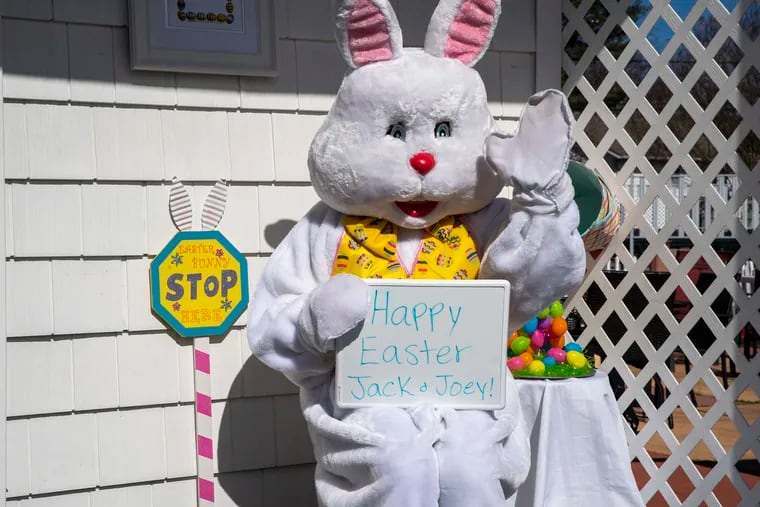 Bernadette Shallow, 30, of Cinnaminson, New Jersey, dresses up as the Easter Bunny to do virtual bunny visits with Jack and Joey of Cherry Hill.