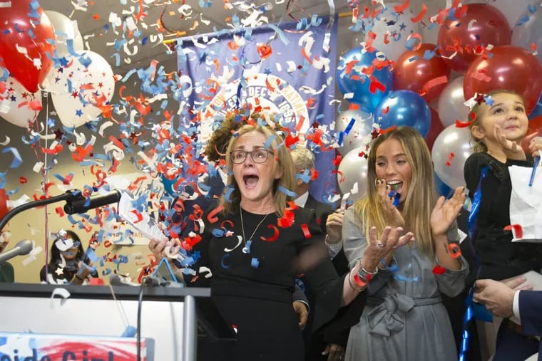 Democrat Madeleine Dean celebrates after winning Pennsylvania's Fourth Congressional District race at the Operating Engineers Headquarters in Fort Washington on Nov. 6, 2018.