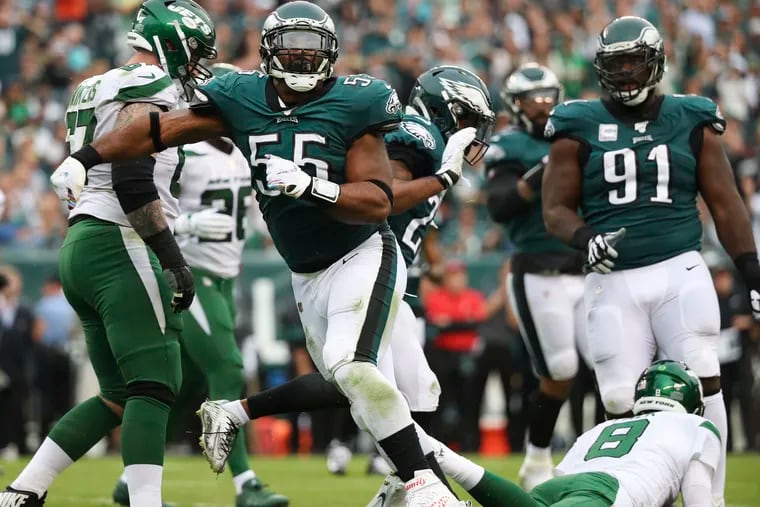 Eagles defensive end Brandon Graham celebrates his sack on New York Jets quarterback Luke Falk during the second quarter on Sunday, October 6, 2019 at Lincoln Financial Field in Philadelphia. Six minutes of play left in the half.