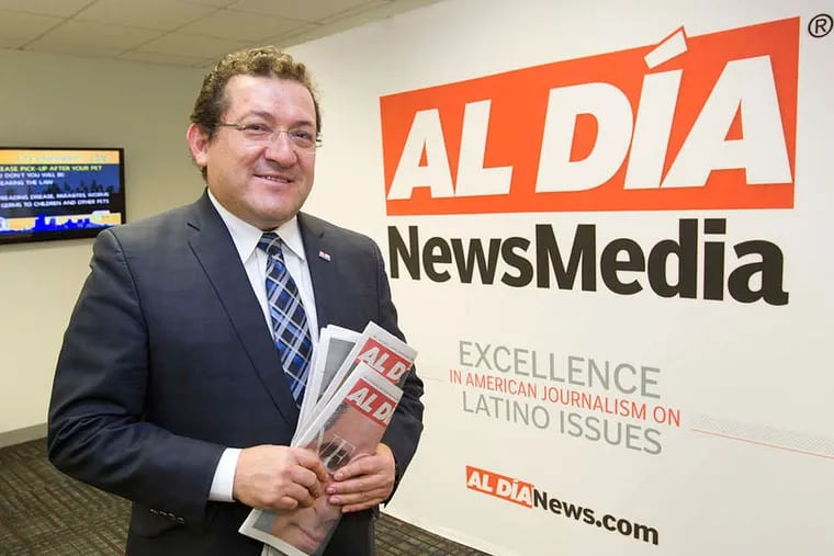 Hernan Guaracao, publisher of Al Dia, a leading Spanish-language news source in the region, has had a career that spans from Colombia to Olney. His paper is making its mark on the mayoral race. CHARLES FOX / Staff Photographer