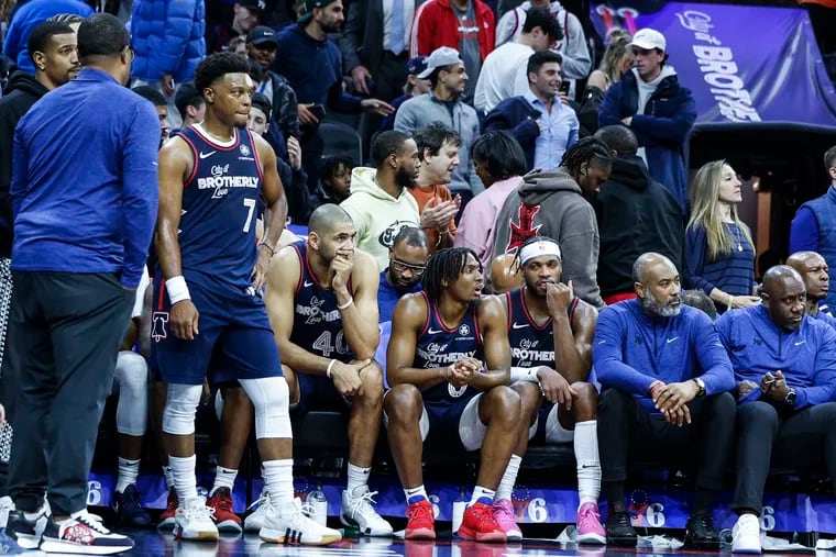 Sixers bench was they watch their game end with the Knicks at the Wells Fargo Center in Philadelphia, Thursday, February 22, 2024. Knicks beat the Sixers 110-96