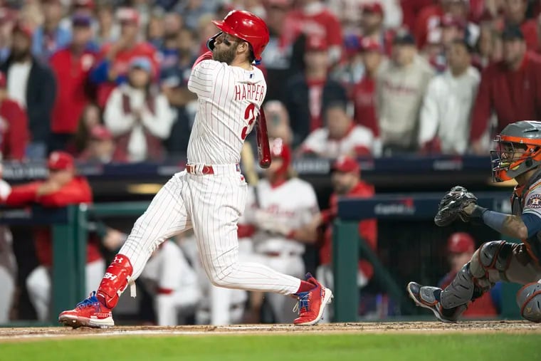 Philadelphia Phillies Bryce Harper hits a 2 run home run in the firs inning oof Game 3 of baseball's World Series between the Houston Astros and the Philadelphia Phillies on Tuesday, November 1, 2022., in Philadelphia, Pa.
