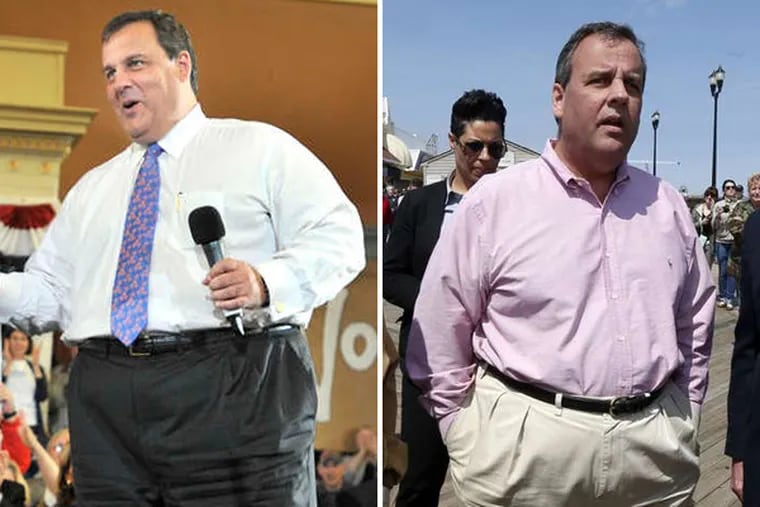 BEFORE: Gov. Chris Christie, a Republican, right, during a campaign stop in Melrose, Mass., Sunday, Oct. 24, 2010. NOW: Christie, in Seaside Heights, Friday, April 25, 2014. (Left: AP; Right: AP)