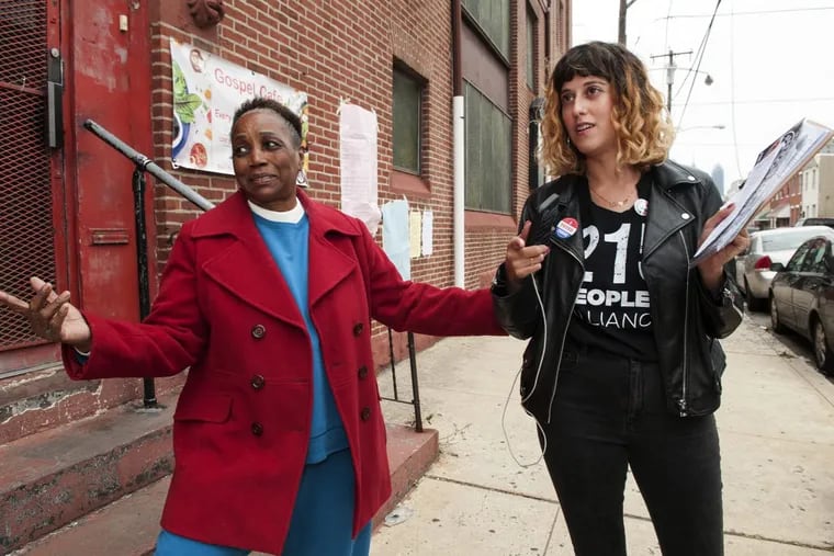 Diana Purnell, of Point Breeze, and her neighbor Mindy Isser, a member of Philly’s growing sphere of socialists, talk about the need to vote on Election Day last week.