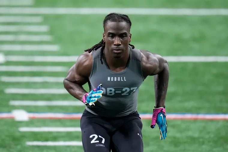 Defensive back Kelee Ringo runs a drill at the 2023 NFL scouting combine. Less than two months later, he was drafted by the Eagles.