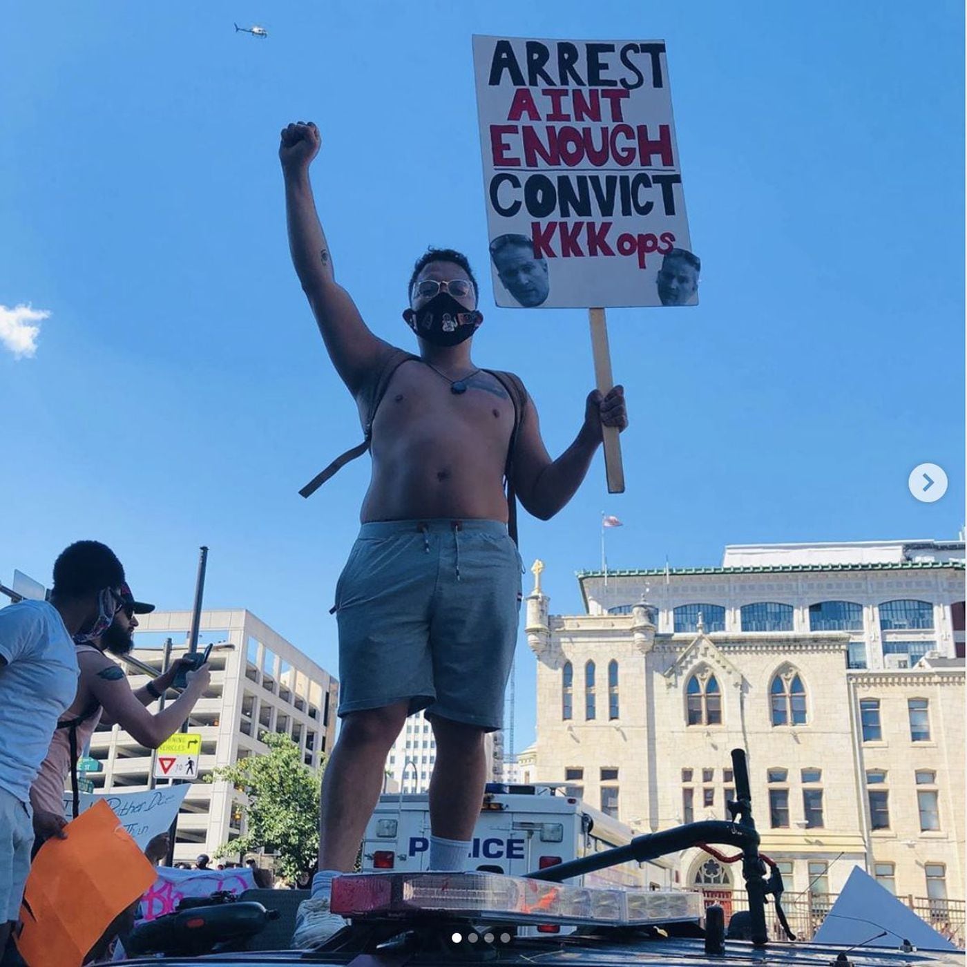 A photo posted to Francisco "Franky" Reyes' Instagram profile that Pennsylvania State Police said depicts him shirtless and standing atop a squad car he is charged with vandalizing during May 30 protests that erupted in Center City.