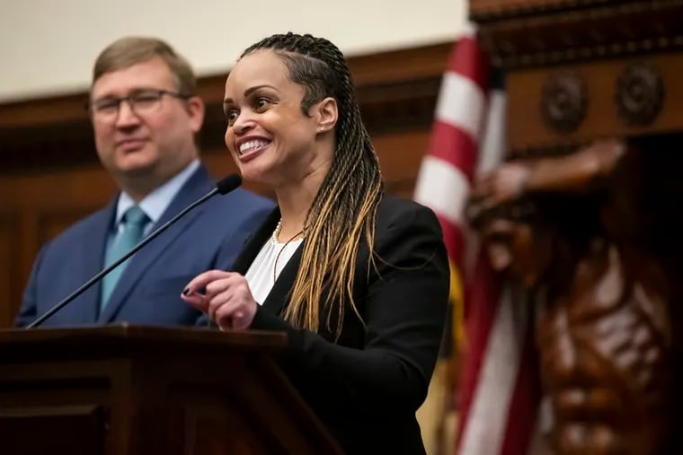Danielle Outlaw speaks during a news conference introducing her as commissioner of the Philadelphia Police Department, at City Hall in Philadelphia, Pennsylvania, on Monday, December 30, 2019. Nearby is Brian Abernathy, the city's managing director.