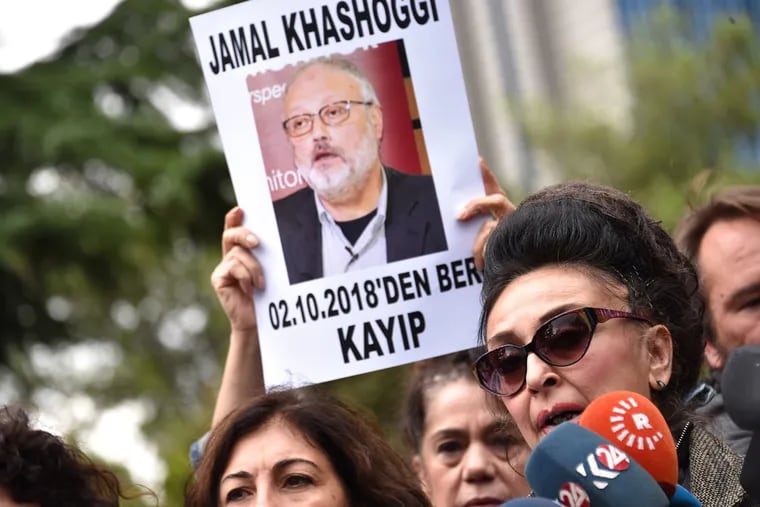 Protestors demonstrate at the entrance of the Saudi Arabia consulate over the disappearance of Saudi journalist Jamal Khashoggi, on Oct. 9, 2018, in Istanbul, Turkey. (Depo Photos/Zuma Press/TNS)