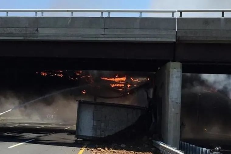 New Jersey State Police tweeted this photo of a truck crash and fire that has closed the N.J. Turnpike