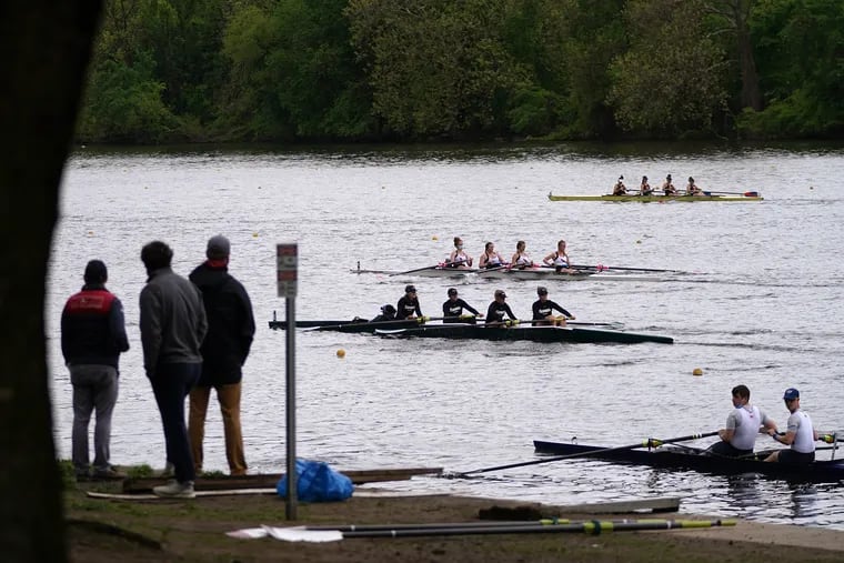 Rowers compete in the women's frosh/novice four final during the 82nd Annual Jefferson Dad Vail Regatta along the Schuylkill River in Philadelphia on Saturday, May 8, 2021. Georgetown won the race.