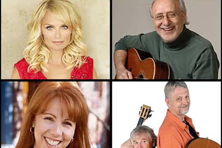 Three dozen writers and musicians are scheduled to be at the 2009 Free Library Festival, including, clockwise from top left: Kristin Chenoweth, Peter Yarrow, Trout Fishing in America and Christina Pirello.