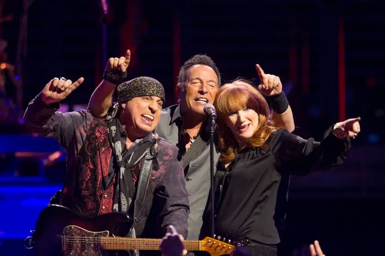 Bruce Springsteen & The E Street Band bring ‘The River Tour’ to Philadelphia at the Wells Fargo Center on Feb. 12, 2016.  From left to right: Steven Van Zandt, Bruce Springsteen, and Patti Scialfa come together at the end of "Sherry Darling."