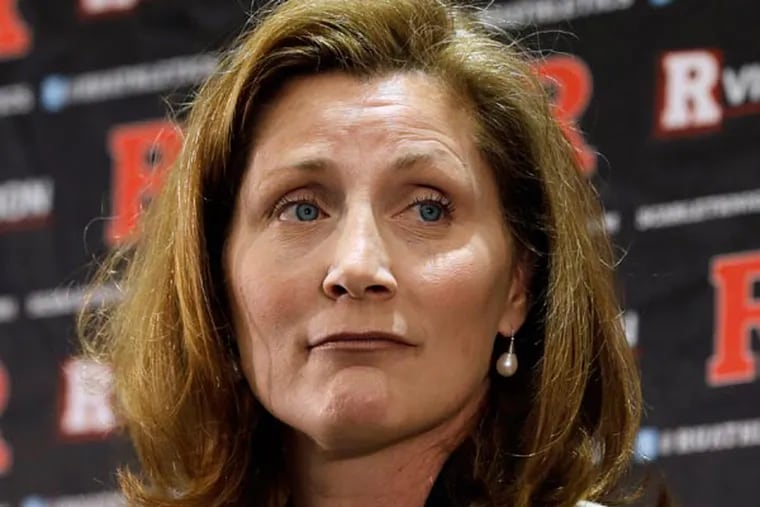 Julie Hermann listens during a news conference where she was introduced as the new athletic director at Rutgers University on Wednesday, May 15, 2013, in Piscataway, N.J. (Mel Evans/AP)