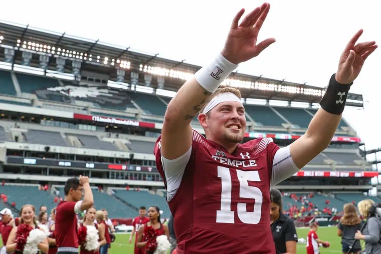 Temple quarterback Anthony Russo acknowledges the fans after his team defeated No. 21 Maryland, 20-17, at Lincoln Financial Field on Saturday. Russo and the Owls now have to put the upset win behind them and shift their focus toward Buffalo.