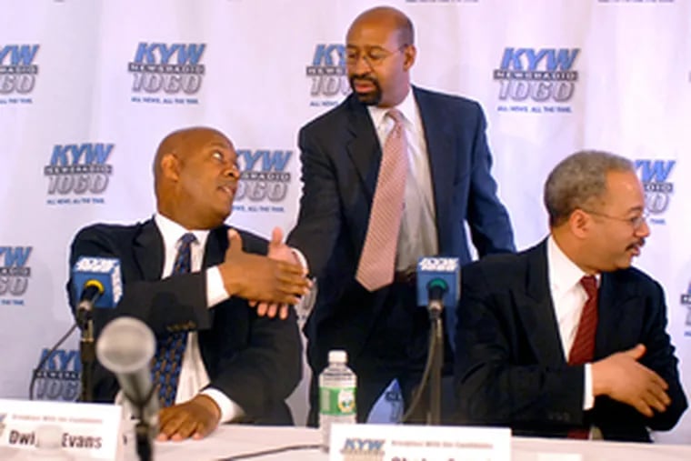 At the KYW-1060 Radio studio last month were (from left) Dwight Evans, Nutter and Chaka Fattah. They took part in a &quot;Breakfast With the Candidates&quot; live debate.
