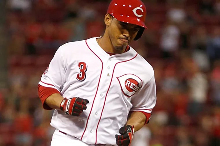 Cincinnati Reds left fielder Ivan De Jesus (3) rounds the bases after hitting a two-run home run against the Philadelphia Phillies in the sixth inning at Great American Ball Park. The Reds won 6-4. (David Kohl/USA Today)