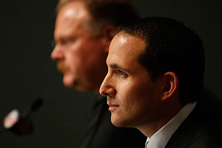 Andy Reid and Howie Roseman talk to the media last month after Roseman's promotion to GM. ( Michael S. Wirtz / Staff Photographer )