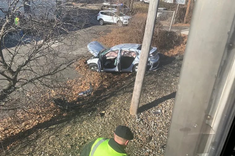 This photo was taken from a SEPTA train after it hit this car on Thursday, Jan. 2, 2020, near the Jenkintown-Wyncote station.