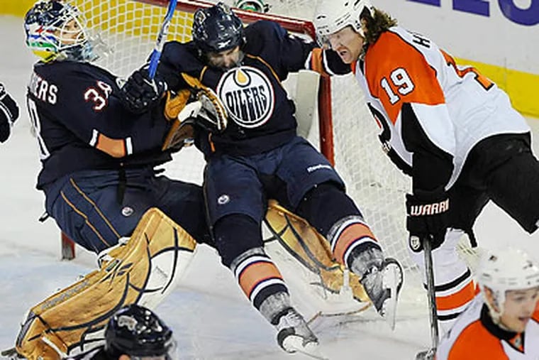 The Flyers took 33 shots on Oilers goalie Jeff Deslauriers, but failed to score. (John Ulan/Canadian Press/AP)