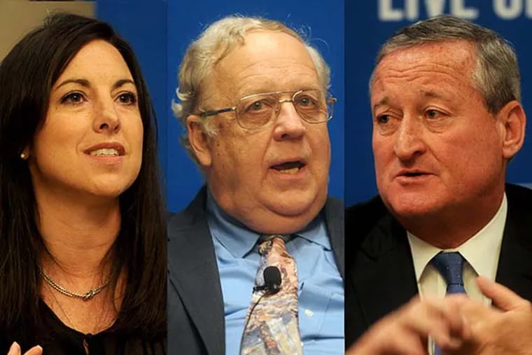(Left to right) Republican Melissa Murray Bailey, Independent Jim Foster and Democrat  Jim Kenney at a debate on Tuesday, Sept. 29, 2015.. ( TOM GRALISH / Staff Photographer )