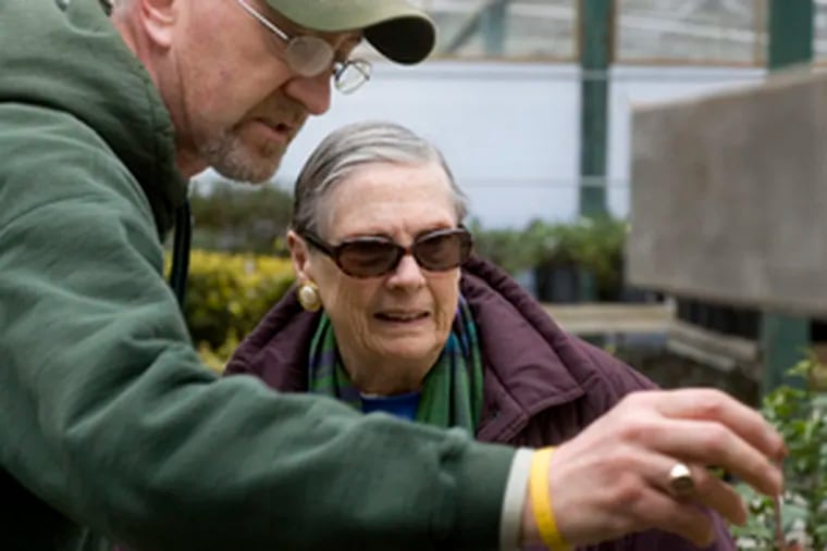 Eleanor Smith works with Waterloo Gardens consultant Paul Lewsey in choosing groundcover for the redesign of the garden of her Philadelphia home, where she has lived for 45 years.