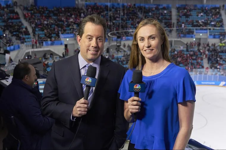 A.J. Mleczko jumped in after the Olympics (where she was paired with Kenny Albert, pictured) to do a Bruins game in March. NBC asked her to join its broadcast team for the Stanley Cup playoffs.