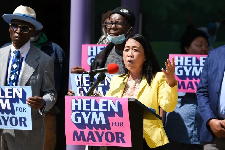 Democratic mayoral candidate Helen Gym talks her citywide community safety agenda Monday at Miles Mack Playground in Mantua.