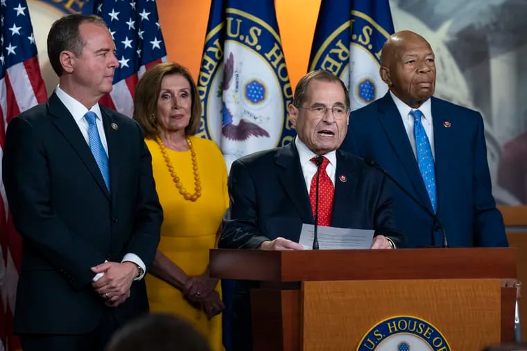 House Intelligence Committee Chairman Adam Schiff, D-Calif., Speaker of the House Nancy Pelosi, D-Calif., House Judiciary Committee Chair Jerrold Nadler, D-N.Y., and House Oversight and Reform Committee Chairman Elijah Cummings, D-Md., hold a news conference after the back-to-back hearings with former special counsel Robert Mueller who testified about his investigation into Russian interference in the 2016 election, on Capitol Hill in Washington, Wednesday, July 24, 2019.