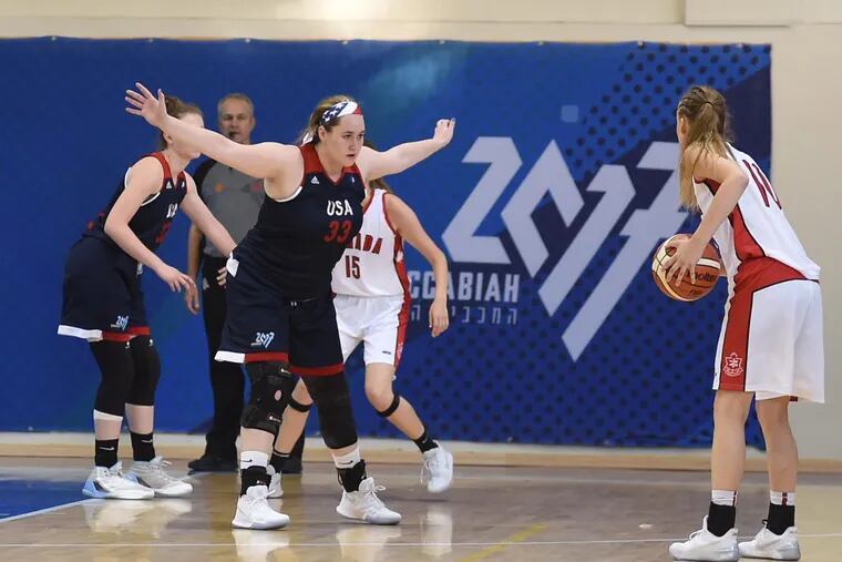 Charlotte Stern (left) of Moorestown Friends plays defense for Team USA at the Maccabiah Games in the summer.