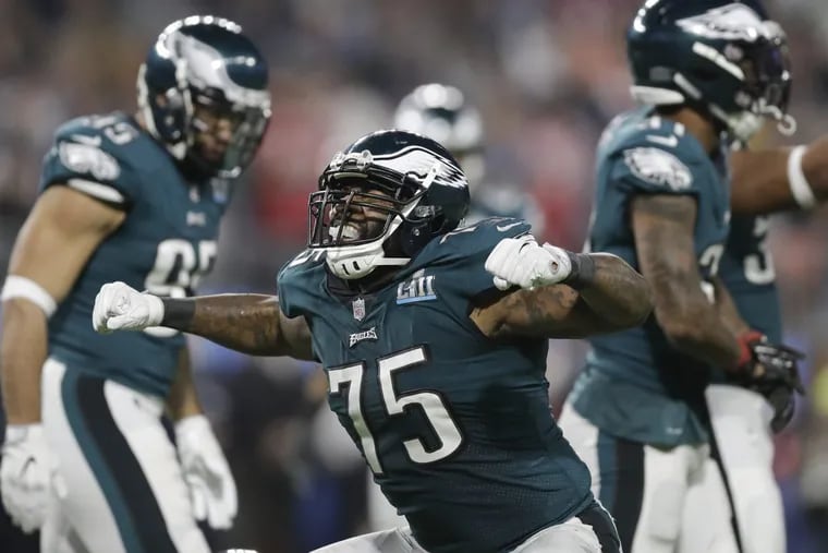 Eagles defensive end Vinny Curry celebrating a third-quarter stop against the Patriots in Super Bowl LII.