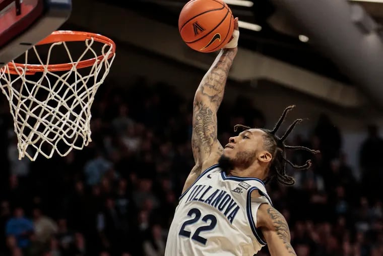 Villanova Cam Whitmore dunks on Georgetown during the final of their win against the Hoyas on Jan. 16. Villanova will play Georgetown tonight as the Big East Tournament gets underway at Madison Square Garden.